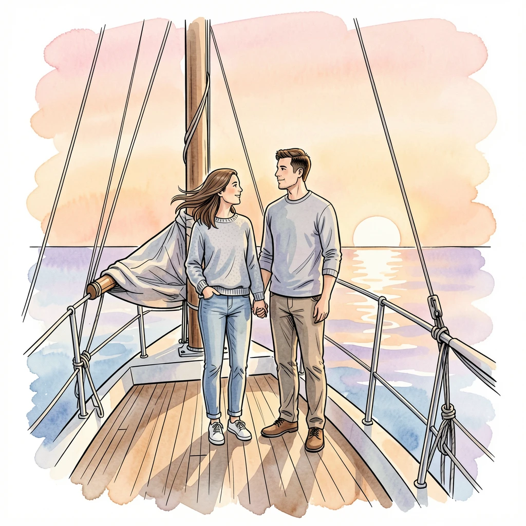 A couple watching the sunrise from the deck of a small sailboat, a warm and unhurried mood settling over the moment.