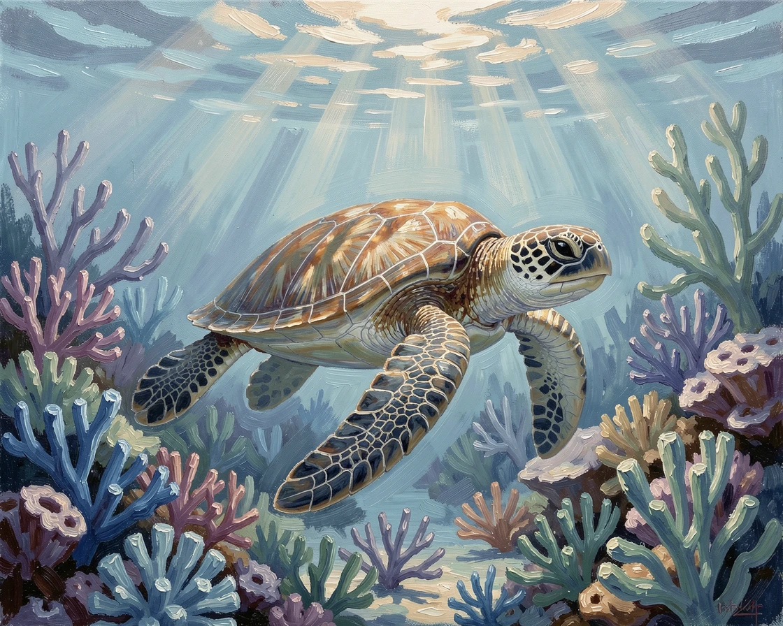Near the surface where sunlight filters down in shafts, a graceful sea turtle gliding over a coral reef, light dancing across its glistening skin, during the soft blue light just beneath the surface at dawn.