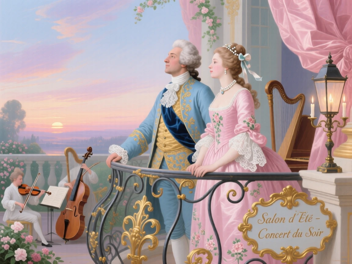 A king and queen watching an evening concert from a palace balcony  