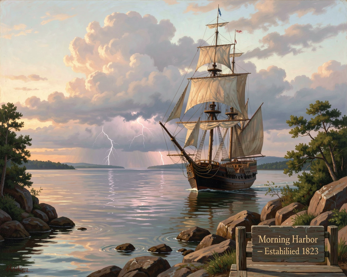 A tall ship anchors offshore during a quiet cove at first light as thunder rolls in the distance.