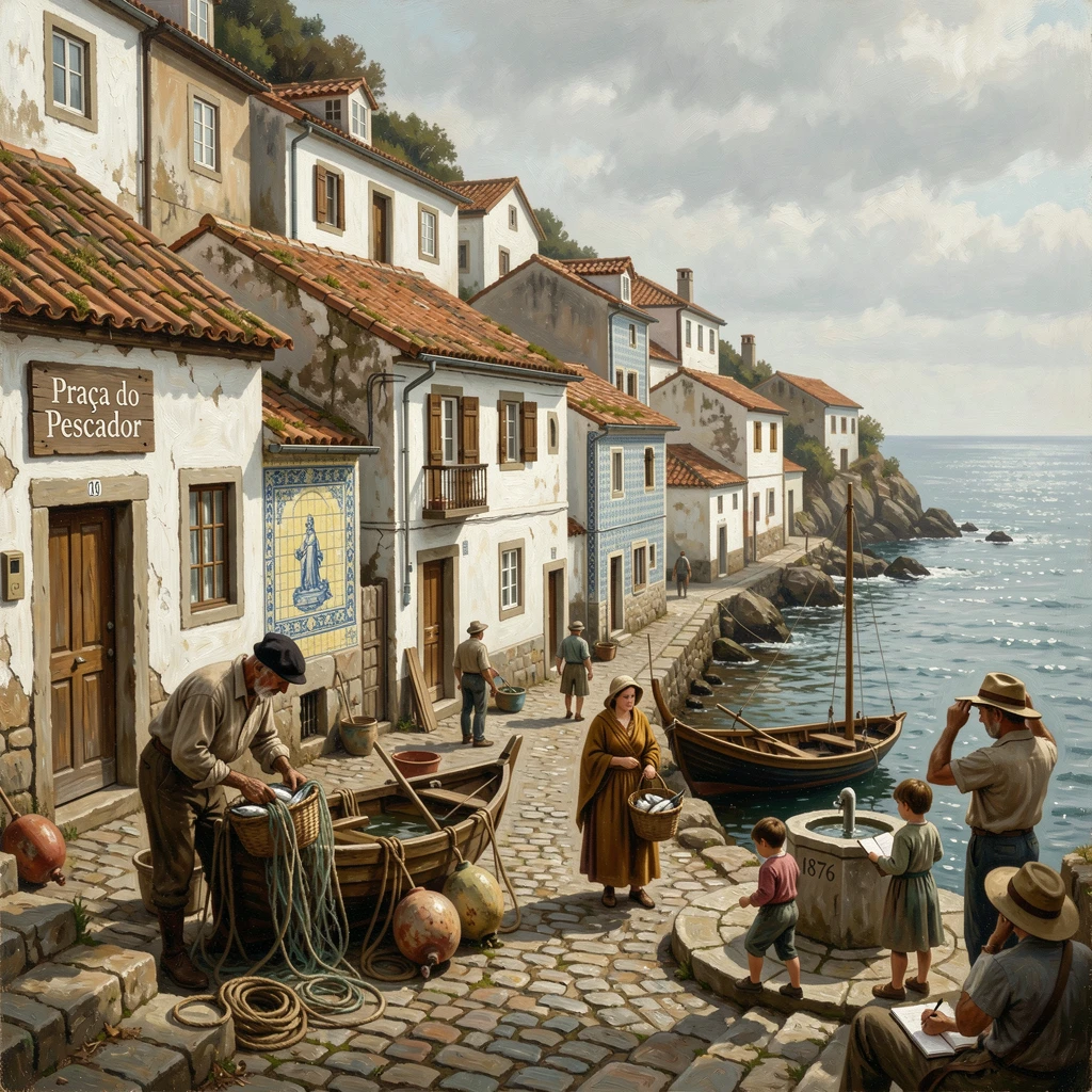 A quiet Portuguese fishing village with tiled houses cascading toward the sea, with locals and travelers adding life and scale to the scene, offering a striking, postcard-worthy view of an iconic destination