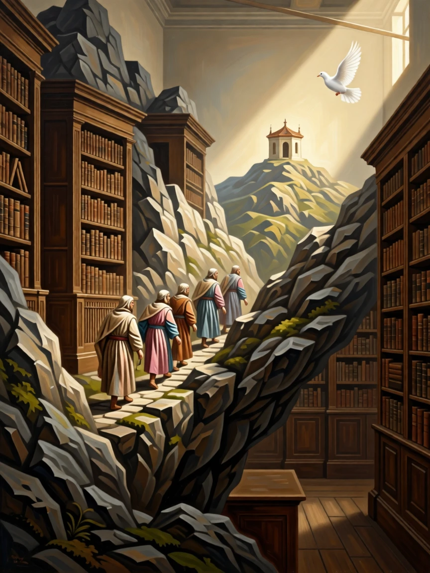 Pilgrims crossing a perilous mountain pass toward a distant shrine at the quiet culmination of a long inner journey, set within an ancient library devoted to timeless questions, with a single dove or beam of light marking the sacred moment; quiet, uncluttered space allows the emotional core room to breathe, radiating compassion, faith, and gentle hope.