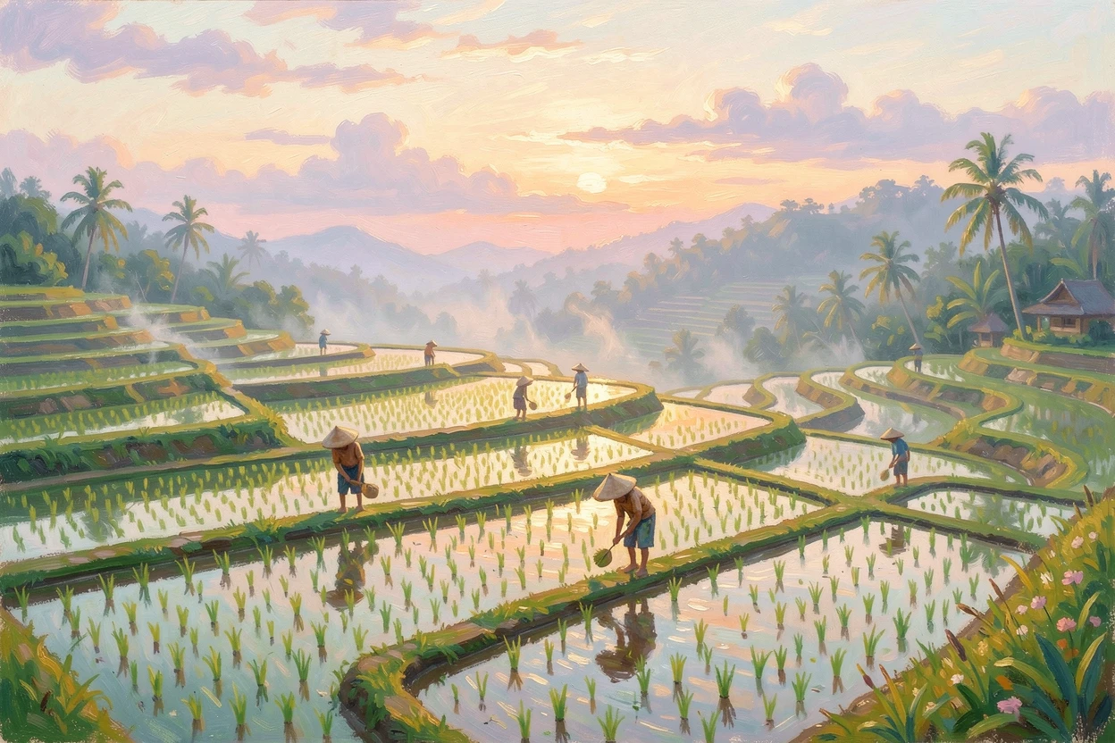 A traditional Balinese rice terrace at sunrise, farmers working among the flooded green fields, conveying a feeling of romance and tranquility.