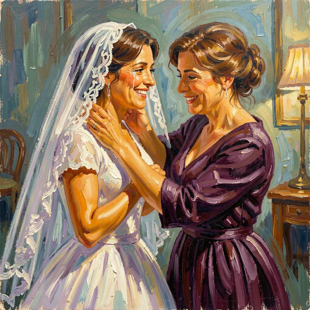 A bride's mother adjusting her daughter's veil, both smiling through happy tears.