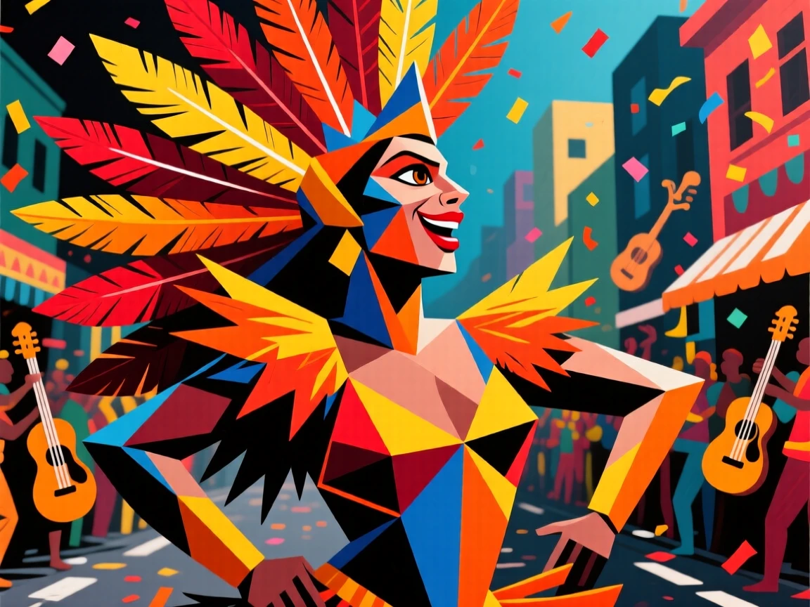 A samba parade dancer in a dazzling feathered costume during Carnival.