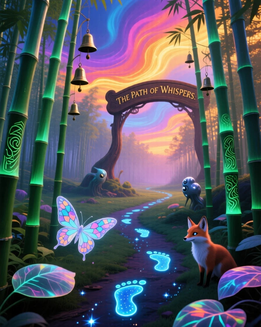 A bamboo forest whose stalks chime softly like wind bells stretches endlessly beneath a sky of shifting colors, while a trail of glowing footprints marks a path forward.