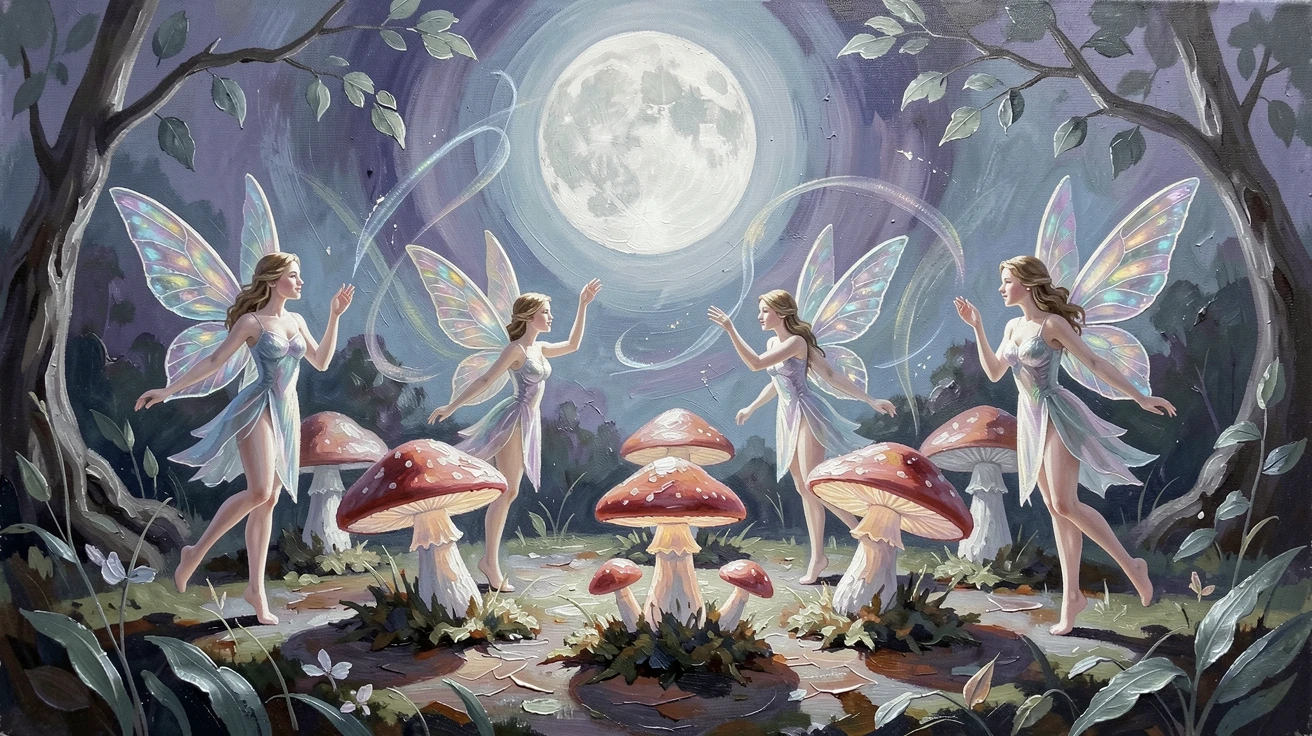 A moonlit garden reveals a gathering of fairies dancing around a circle of luminous mushrooms, their wings shimmering with iridescent light, faint traces of light or energy drifting through the air to heighten the sense of magic.