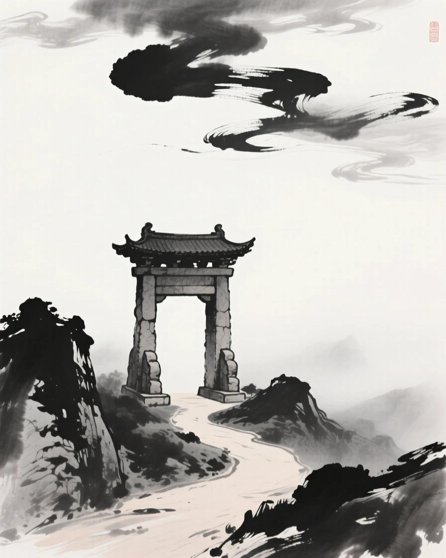 A stone temple gate stands at the entrance to a mist-covered mountain path, beneath a sky filled with drifting clouds.