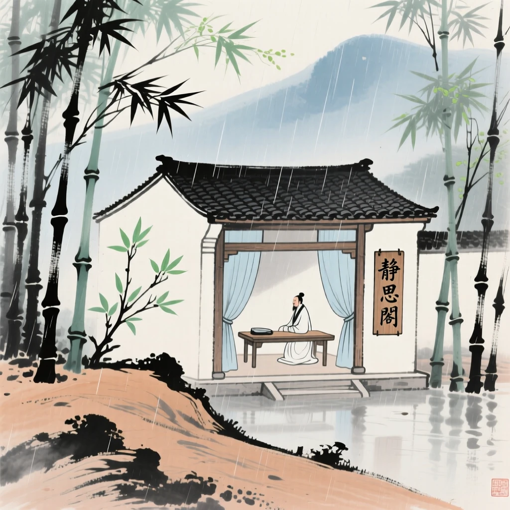 A scholar's studio nestled among bamboo on a quiet hillside, in early spring, through a curtain of fine rain, radiating gentle serenity.
