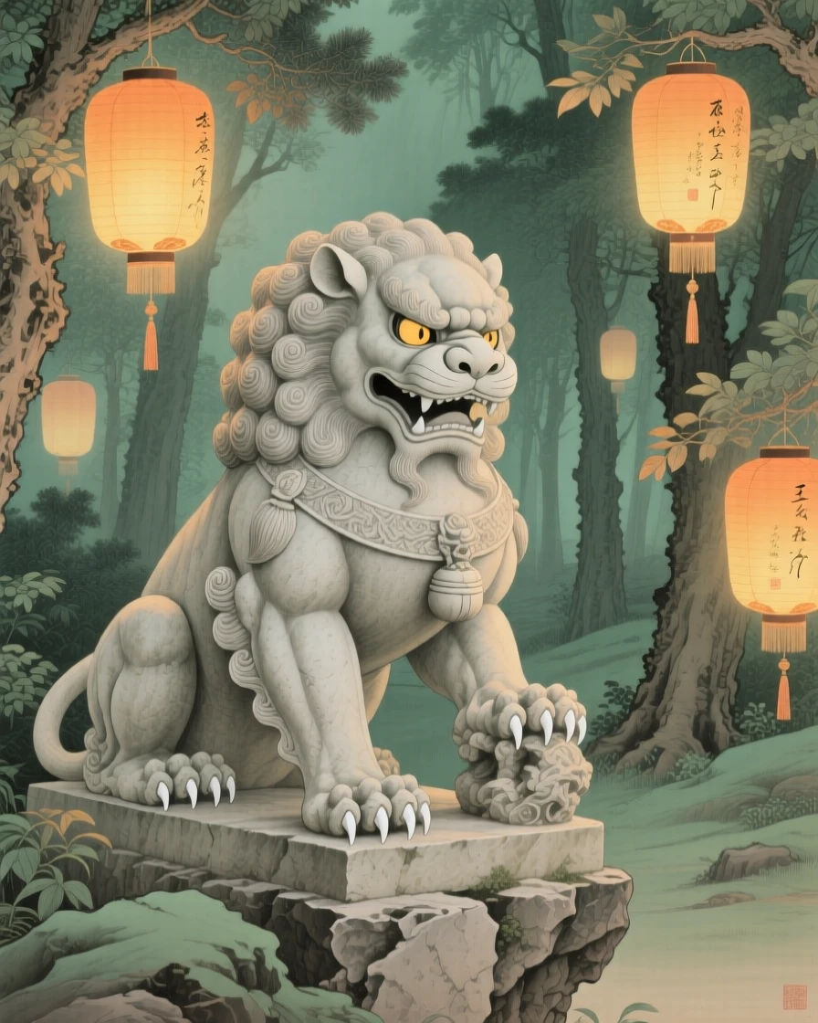 A stone guardian lion statue coming to life through a forest of glowing lanterns