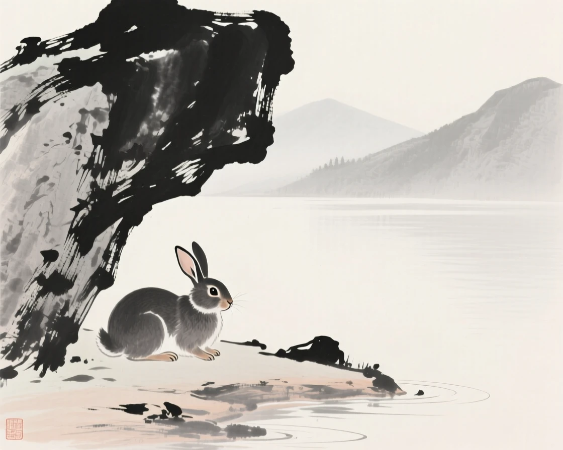 A pair of rabbits sheltering beneath overhanging rock beside a tranquil mountain lake, captured in profile against a soft, empty background, evoking the gentle rhythm of the natural world.