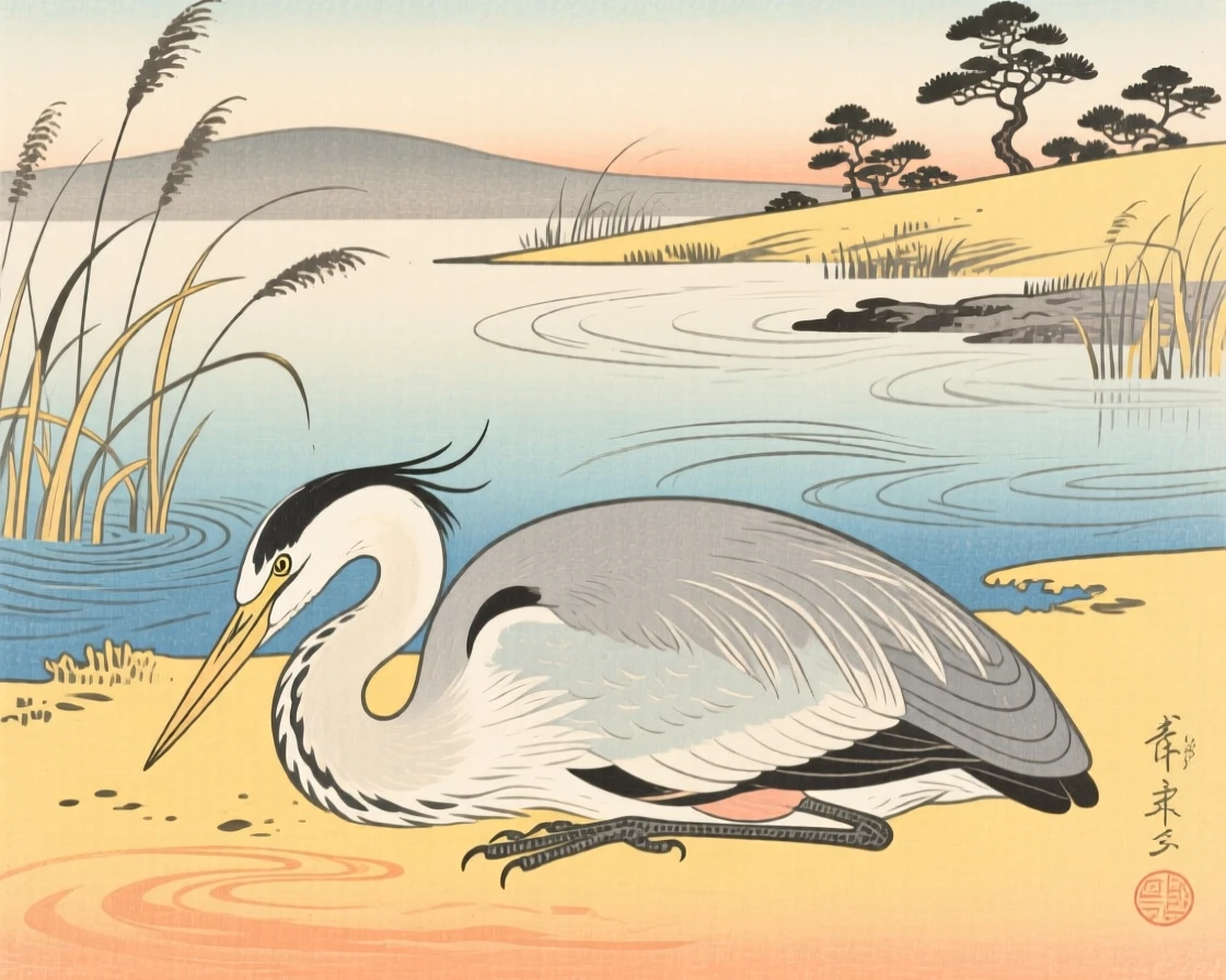 A patient heron curled up in warm afternoon sunlight.