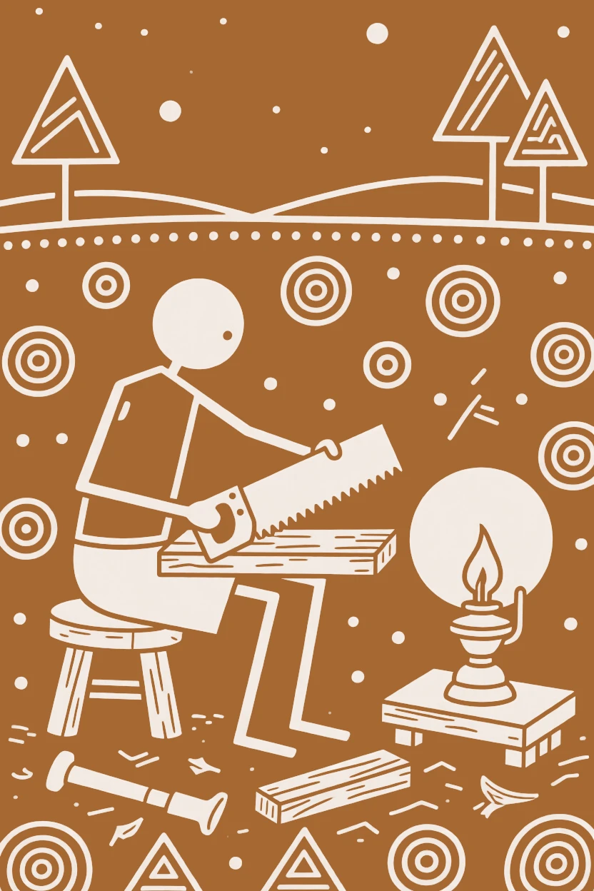 A carpenter working late into the evening by lamplight.