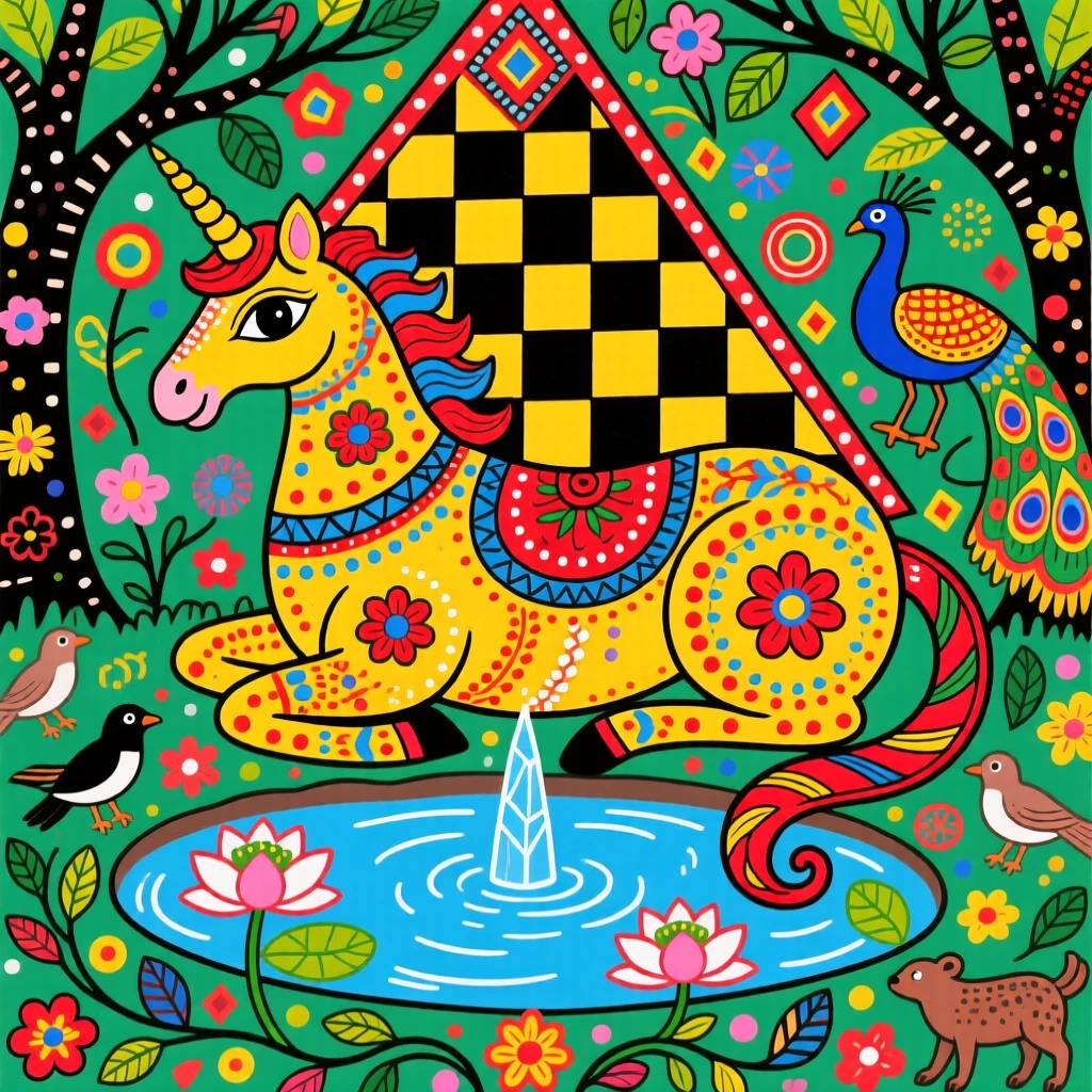 A unicorn resting beside a crystal-clear forest spring.