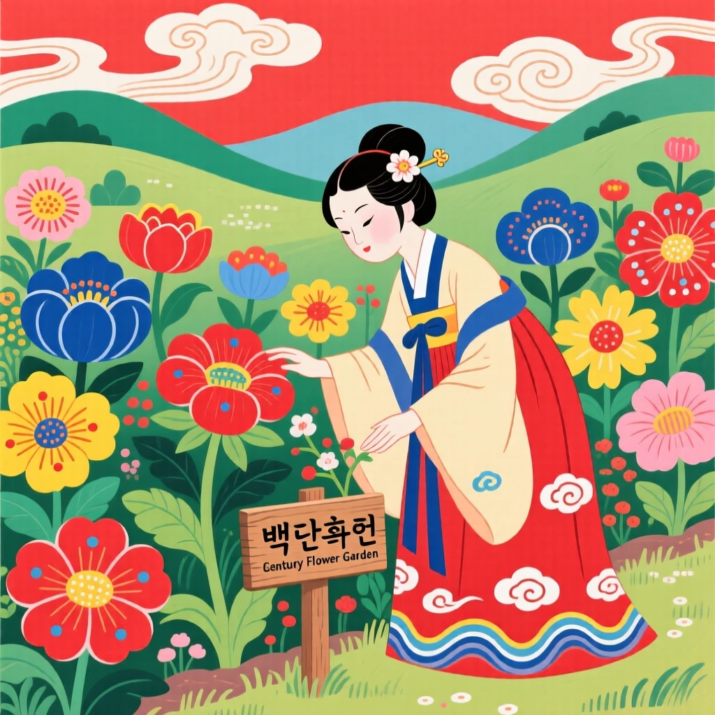 A princess tending a garden of rare flowers said to bloom only once a century.
