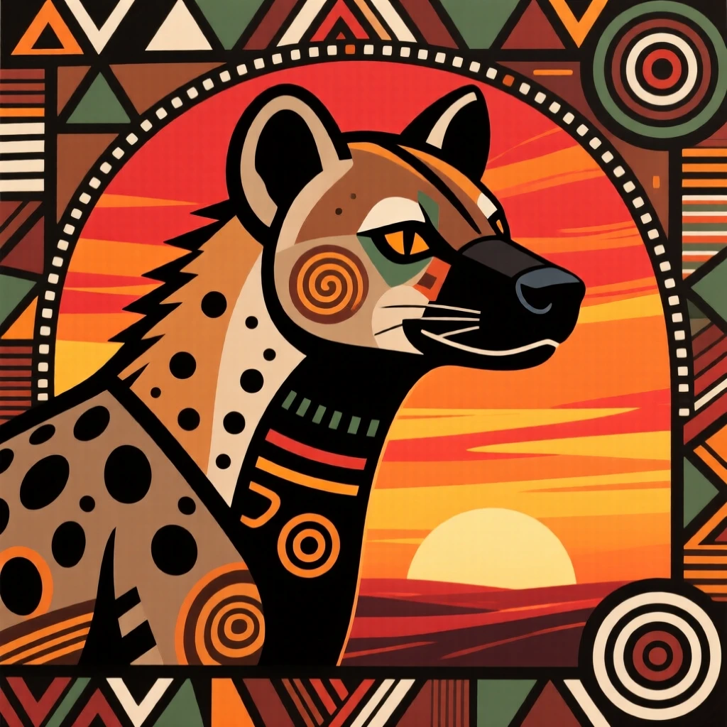 A hyena framed by a fiery sunset sky.