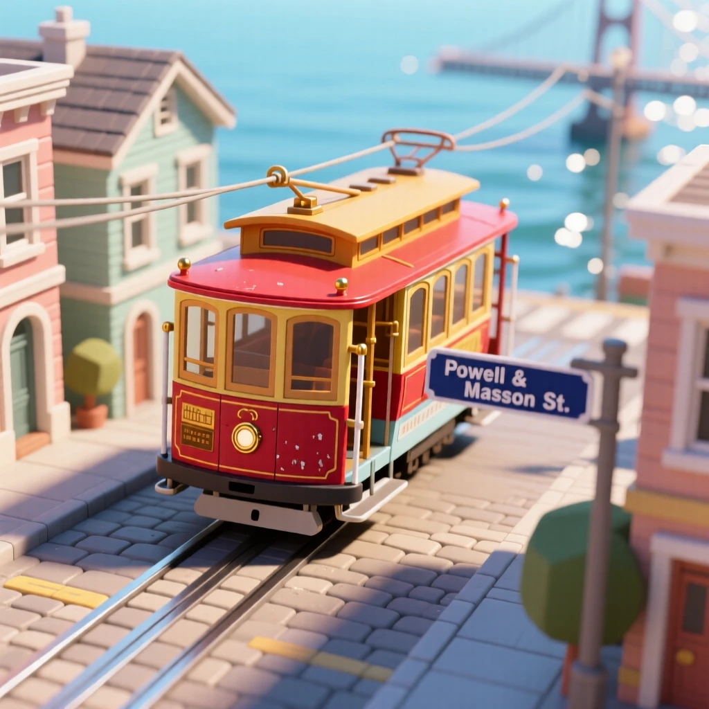 A colorful trolley car climbing a steep San Francisco-style street, cables humming beneath, and the bay glittering in the distance.