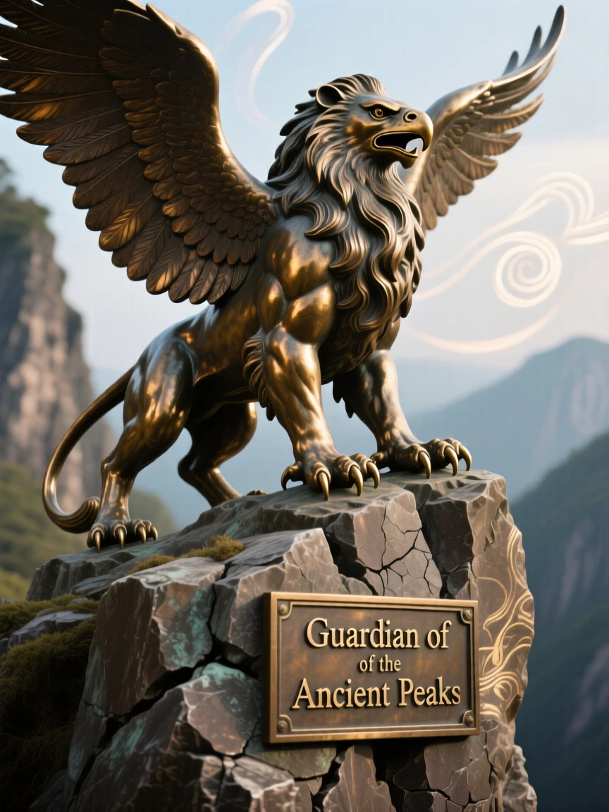 A noble griffin perched atop a cliff, with an aura of ancient power, radiating awe and grandeur