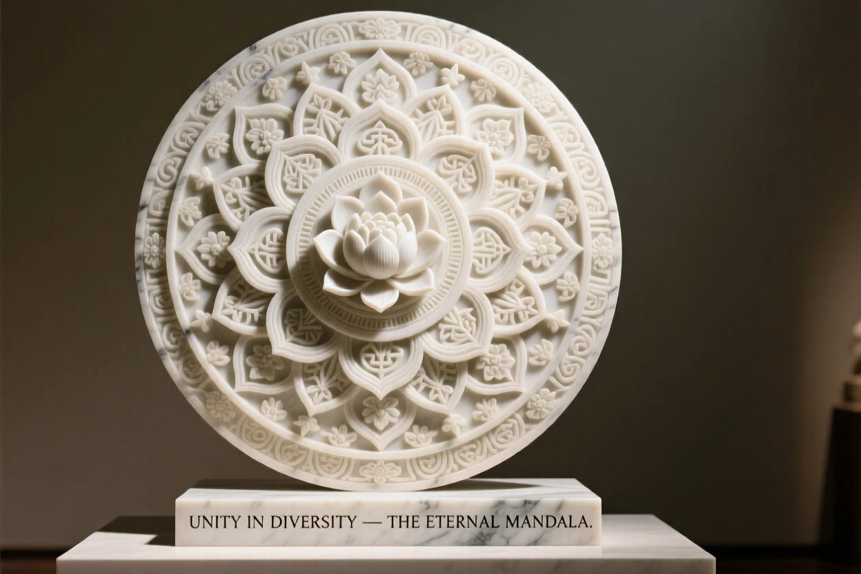 A symbolic, visually striking image of an intricate mandala radiating outward in perfect symmetry, rich in meaning and emotional resonance