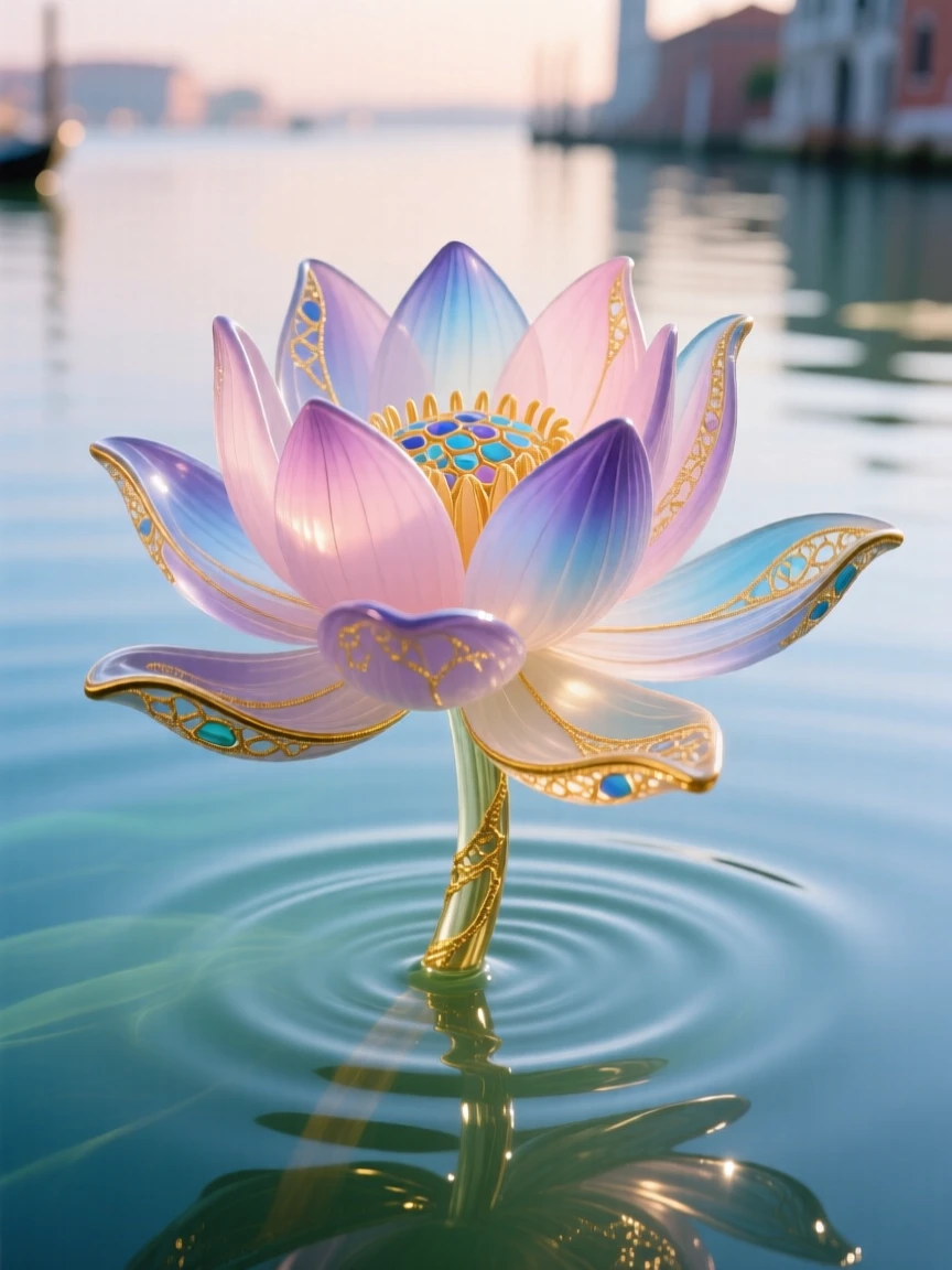 A single water lily floating serenely on a still pond at dawn, tranquil and pure.
