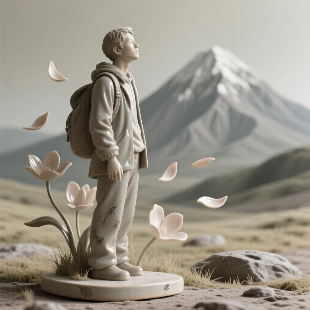 A traveler pausing to admire a distant mountain gazing softly into the distance, surrounded by softly falling petals, stirring nostalgia and heartfelt warmth.