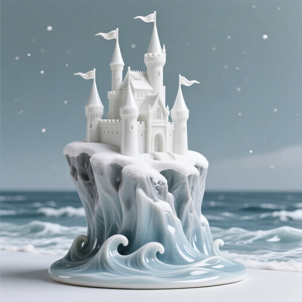 A snow-capped castle perched on a dramatic sea cliff, banners fluttering from its highest spires.
