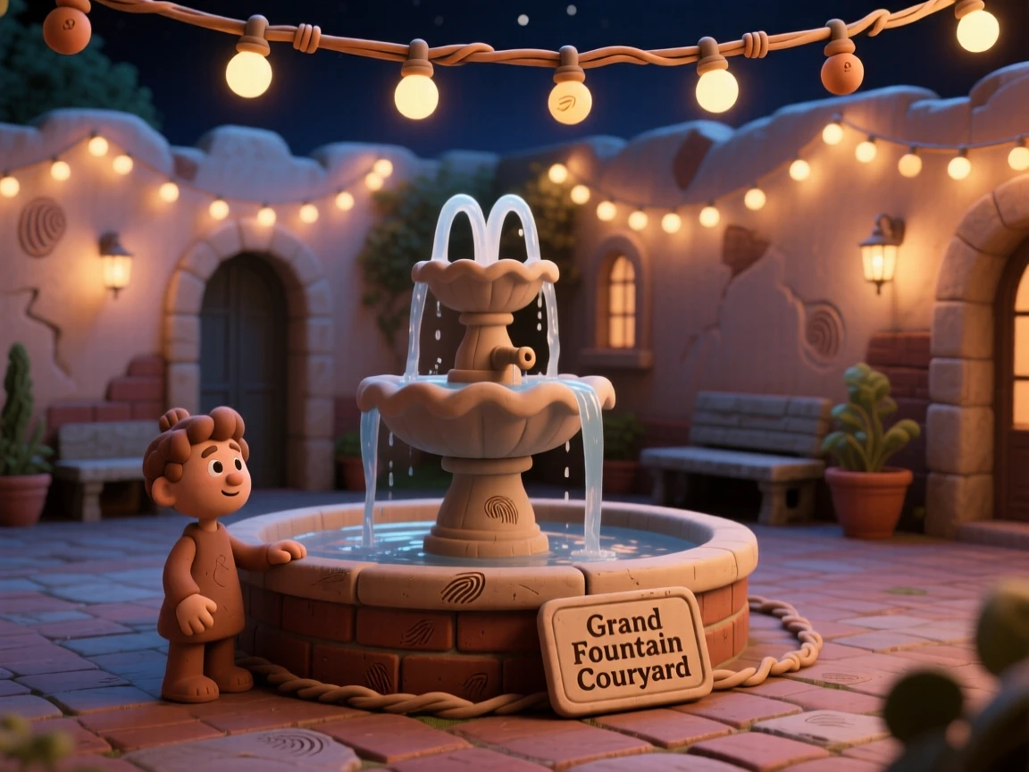 A grand fountain courtyard illuminated by string lights at night