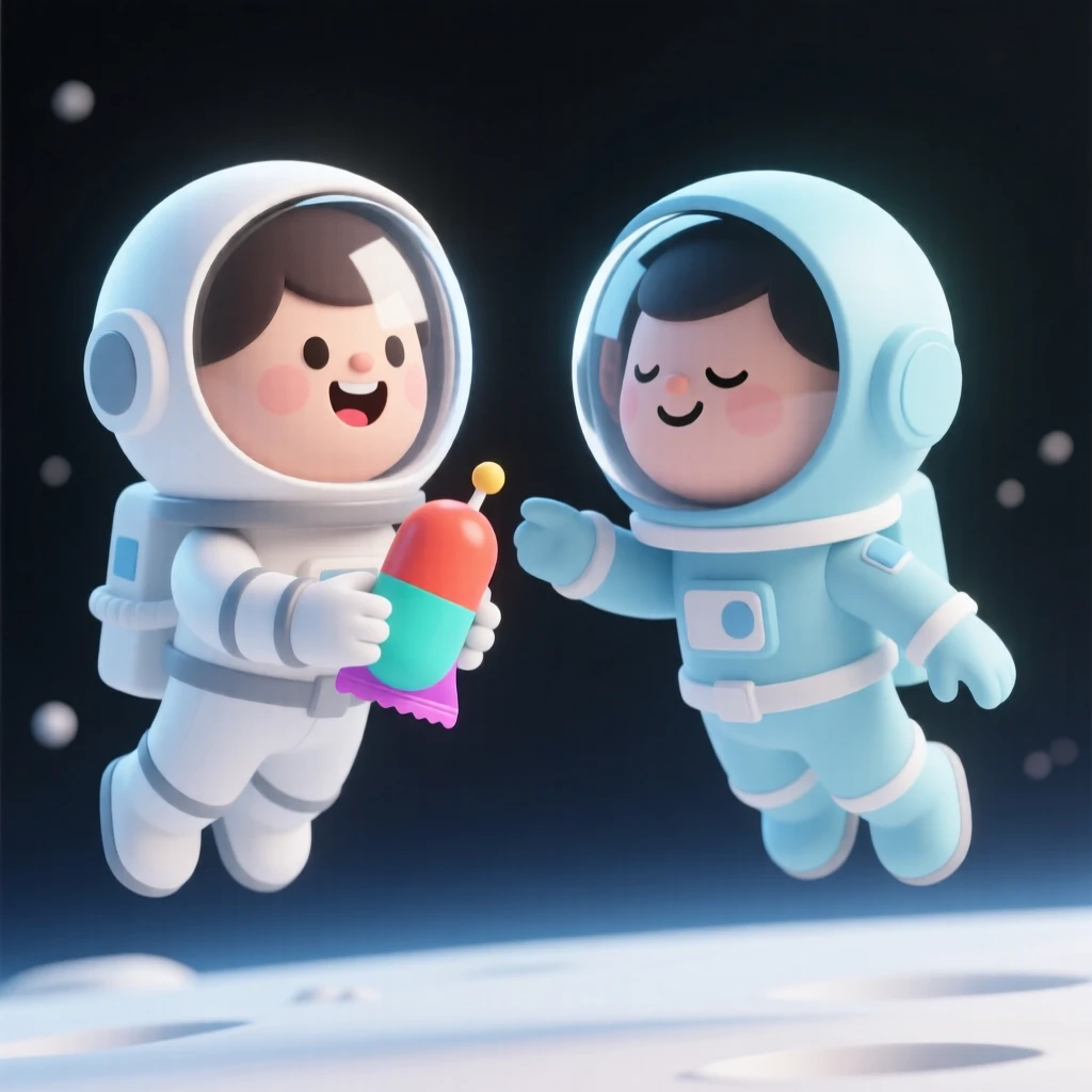 A pair of astronauts share a laugh while floating weightlessly, sharing a squeeze pouch of space food.