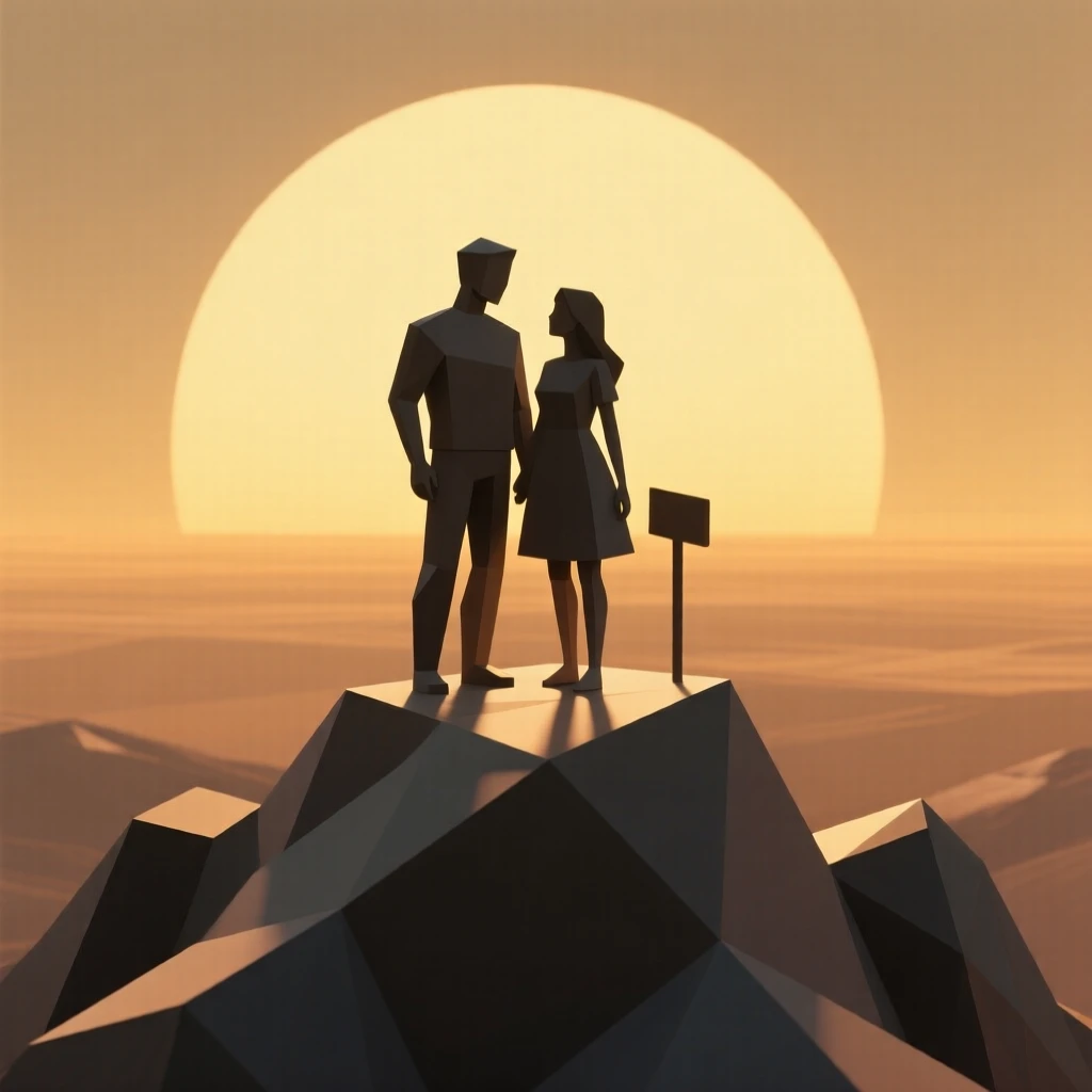 A couple silhouetted against a golden sunset, atop a mountain overlook. natural light enhances the authenticity of the scene. The moment feels full of hope and possibility.