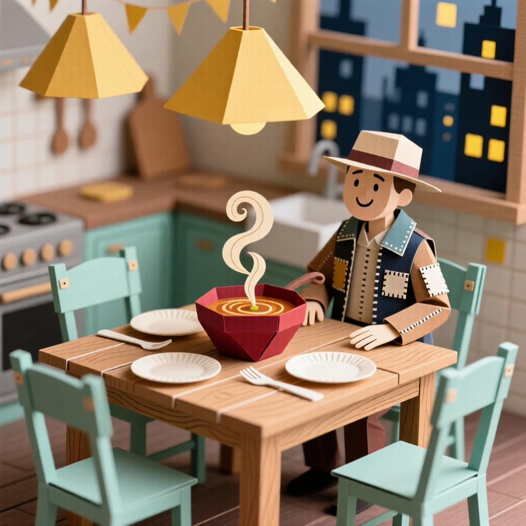 A street performer gathered around a warm kitchen table, with distant city lights glimmering softly, conveying nostalgia and gentle happiness.