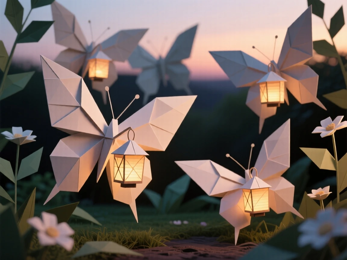 A garden where oversized butterflies carry small lanterns on their wings at dusk.