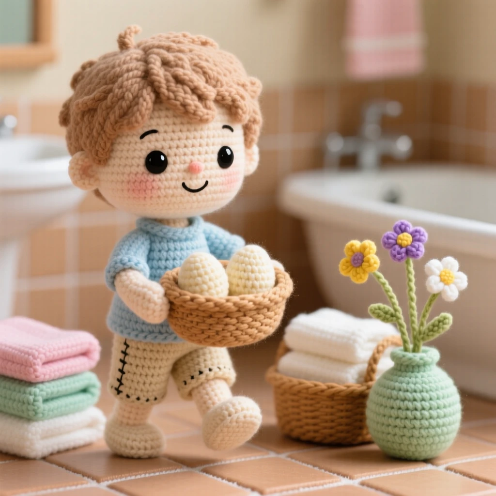 A tender everyday moment: a small boy carrying a basket of fresh eggs from a small backyard coop, walking carefully across the yard inside a warm bathroom with towels folded neatly; a small vase of fresh garden flowers completes the scene, full of warm familial love and simple comfort.
