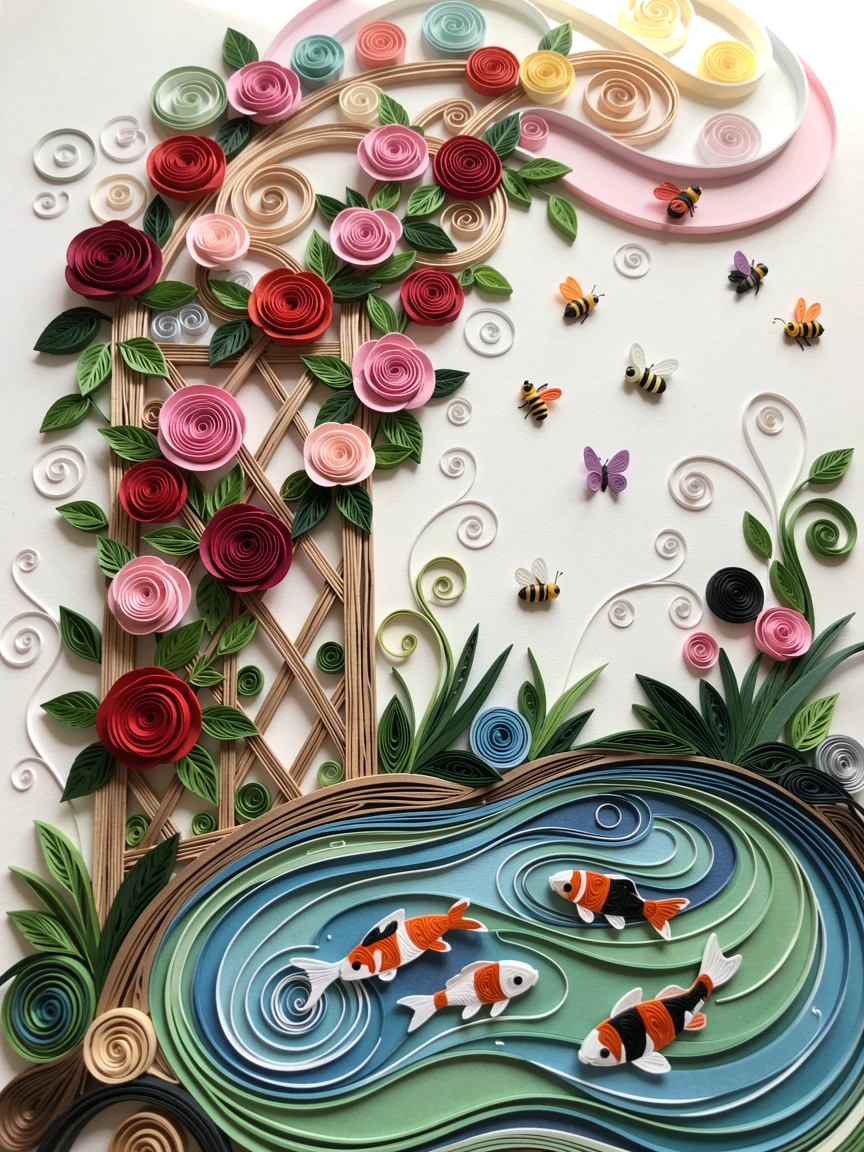 A serene botanical study of a garden trellis overflowing with climbing roses beside a tranquil koi pond, surrounded by drifting pollen and tiny insects, shot from a low angle looking up toward the light.