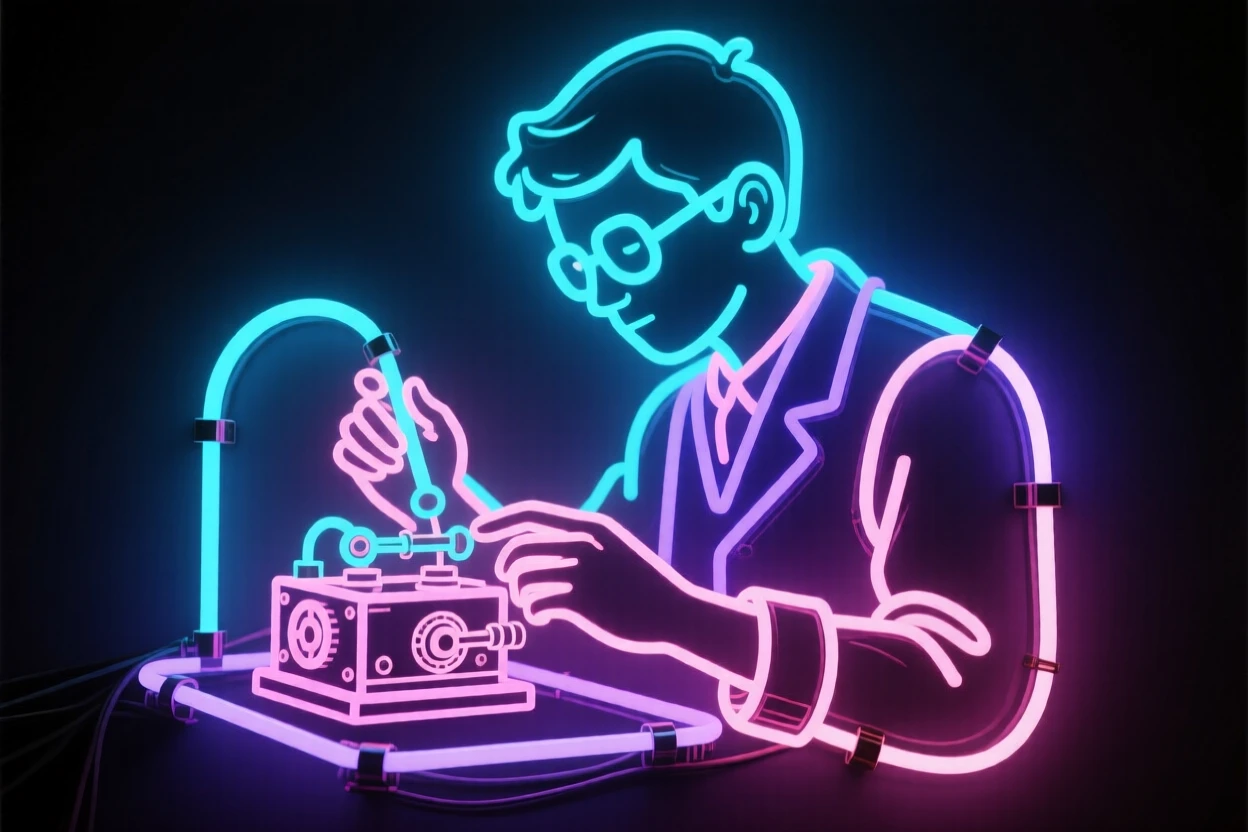 A young inventor tinkering with a small mechanical contraption.