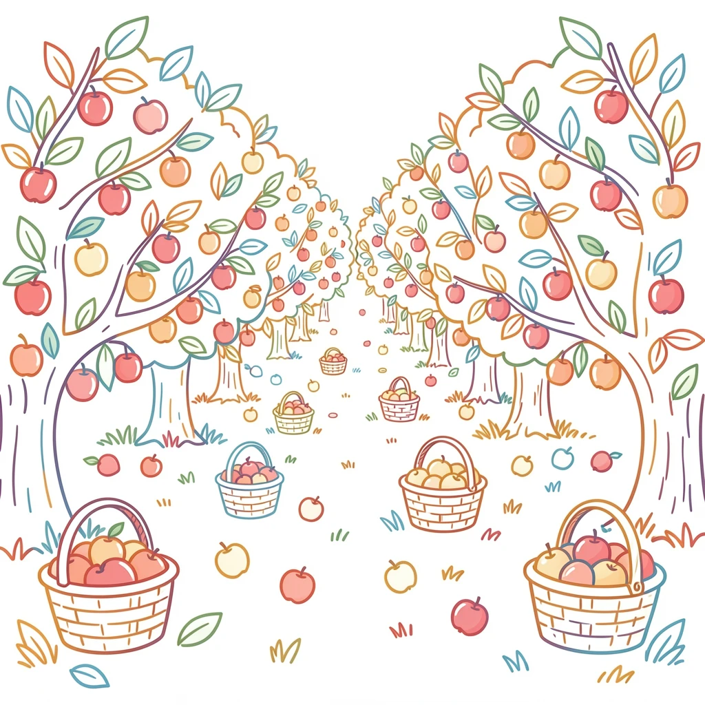 An autumn apple orchard with baskets full of freshly picked fruit.