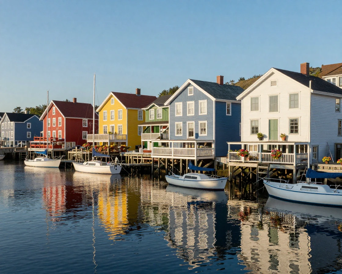 A row of brightly painted houses along a harbor