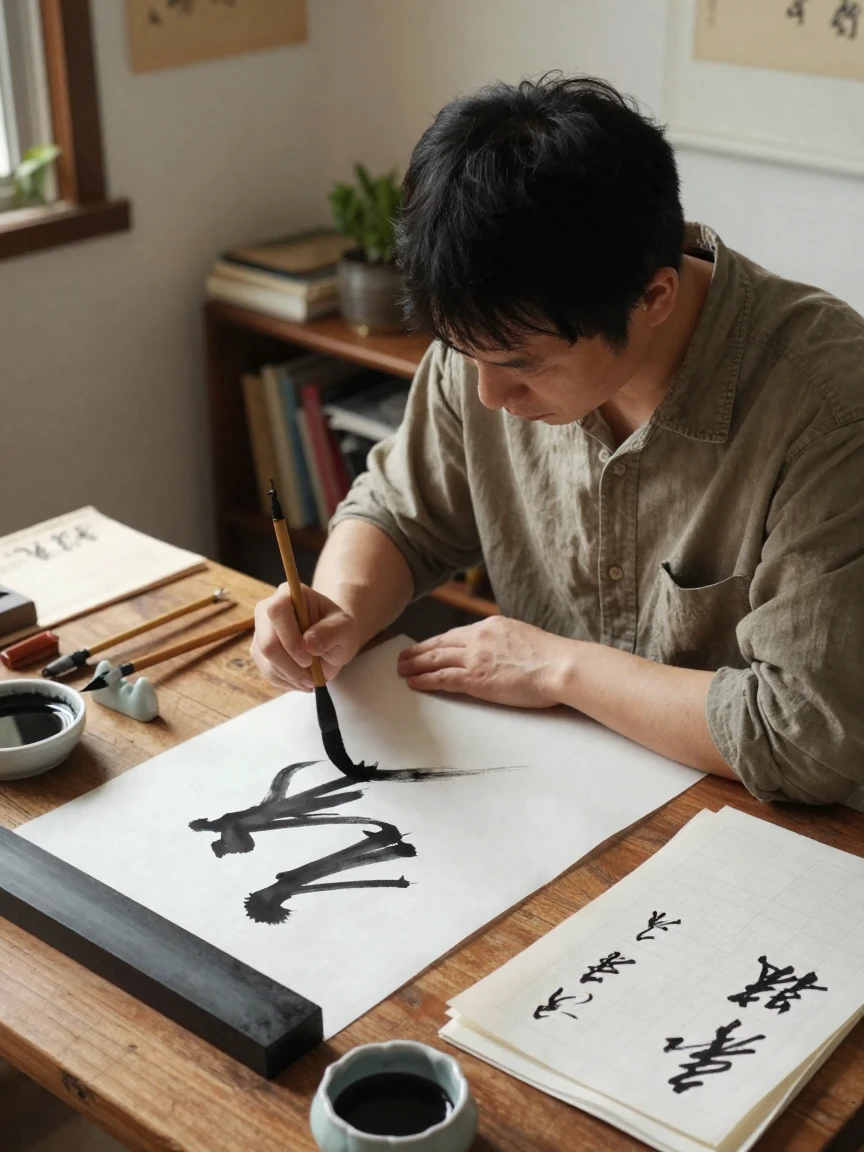 A calligrapher practices flowing brush strokes on rice paper at a low table.