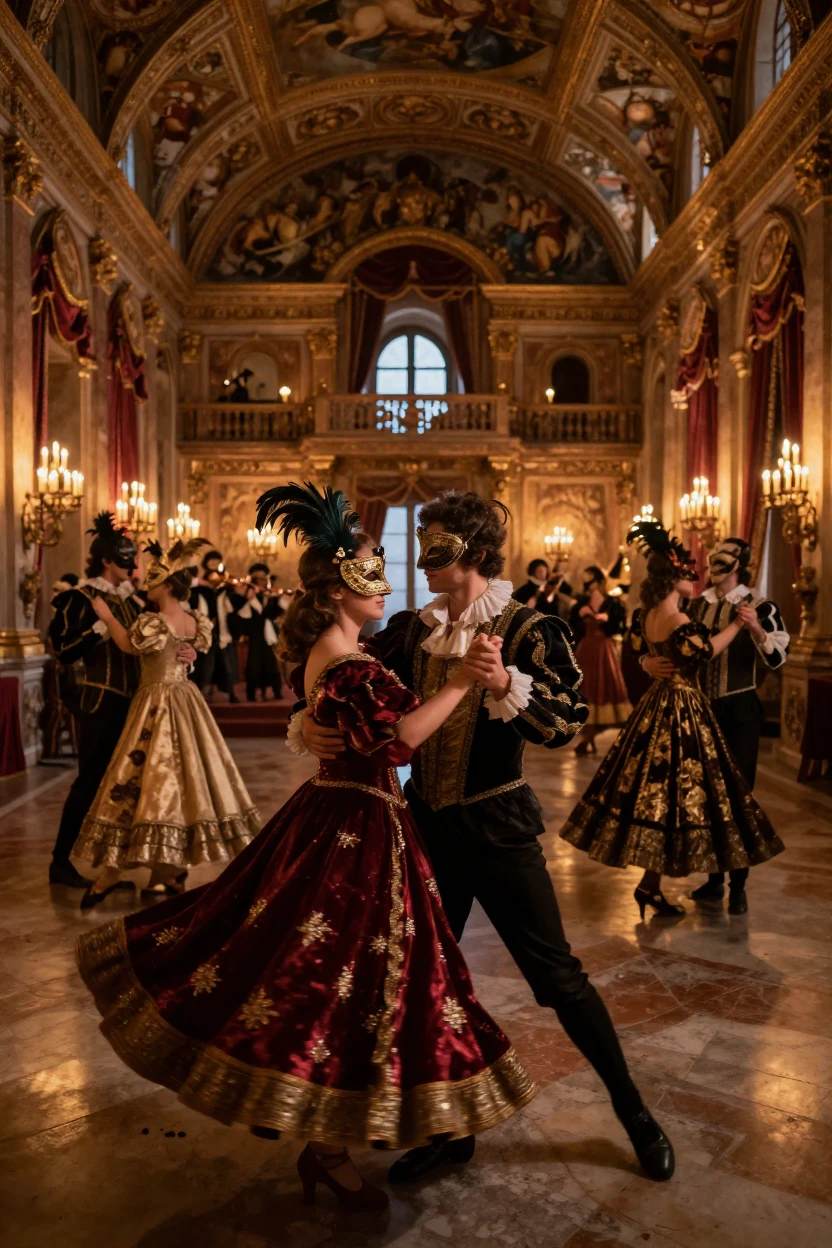 A Renaissance masquerade ball filling a candlelit palace hall with dancers