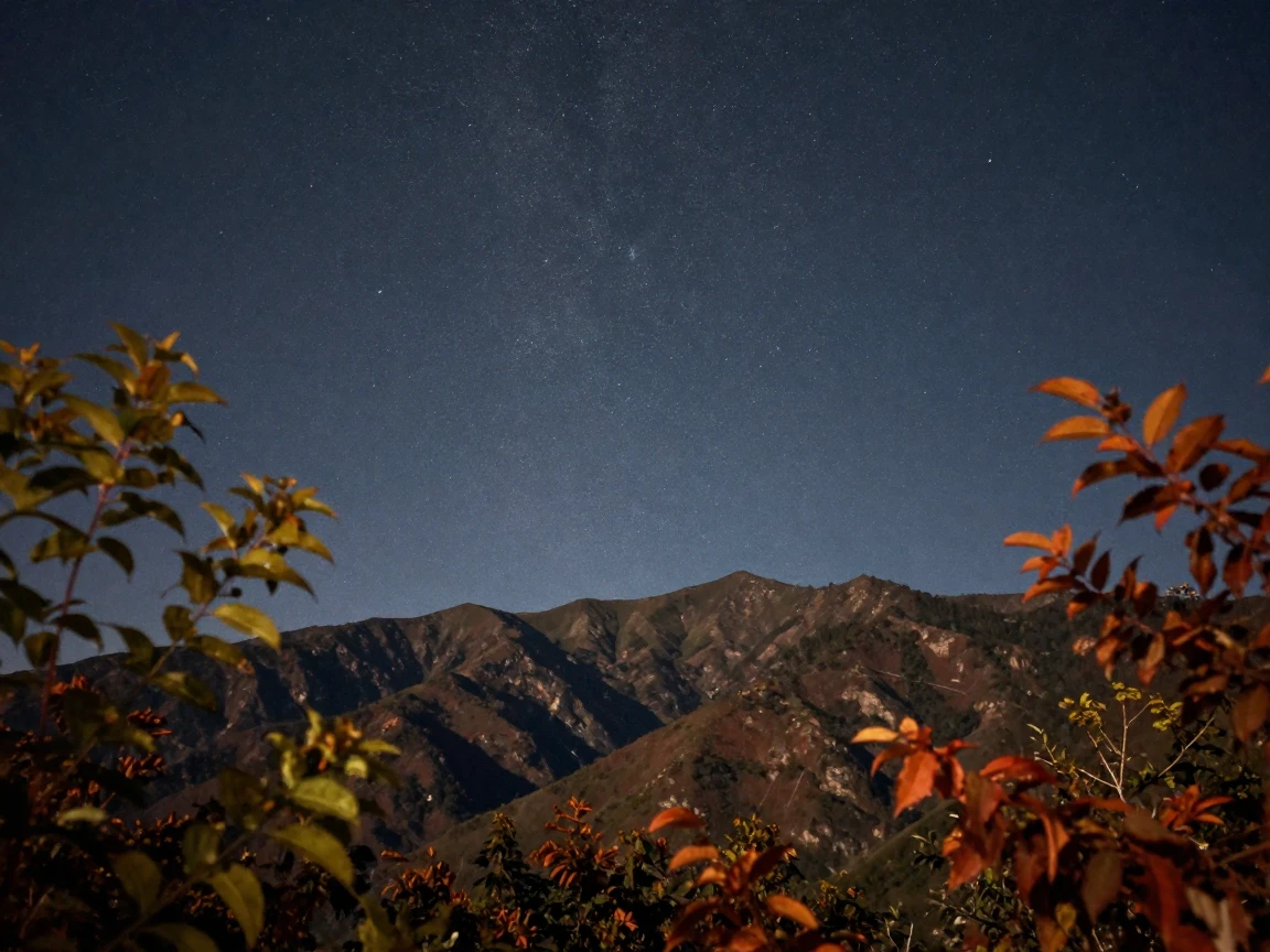A shooting star streaking across a clear night sky over mountains, under a canopy of stars, on a clear, cloudless day, as summer fades into fall, with muted olive and rust colors, peering through foliage in the foreground.