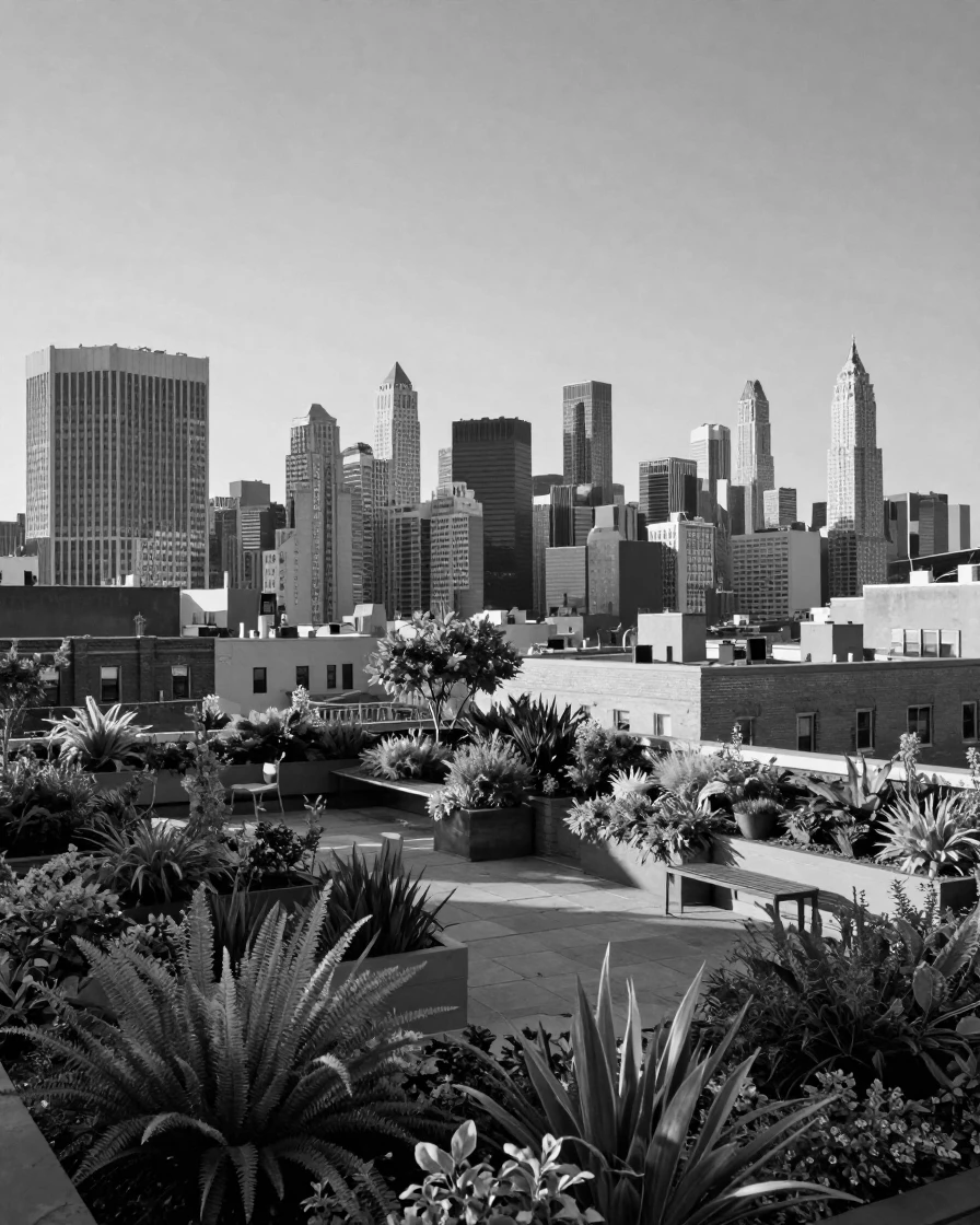 A rooftop garden overlooks a sprawling city skyline above a sprawling urban skyline.