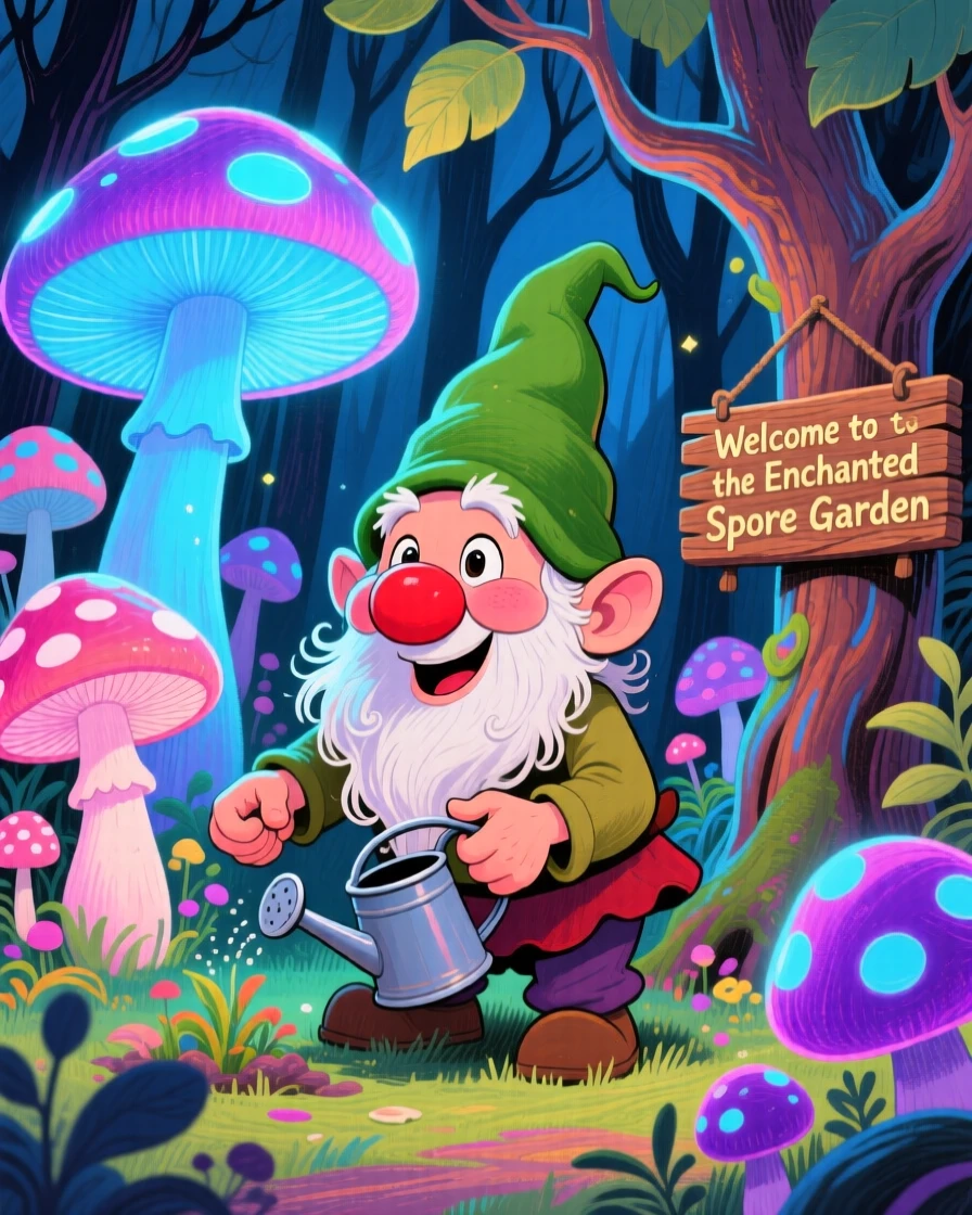 A gnome tending a garden of oversized glowing mushrooms in a hidden woodland grove.