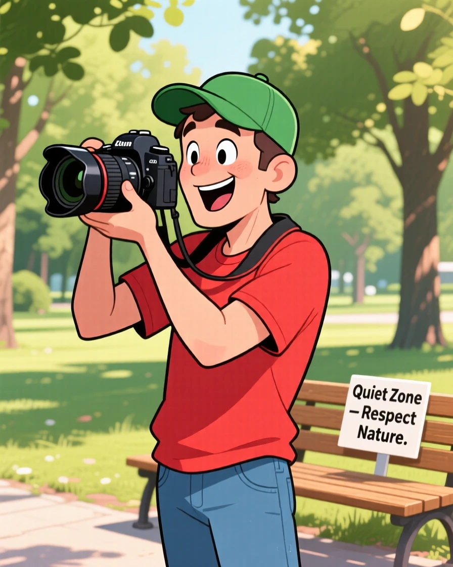 An everyday-life snapshot of a passionate photographer, completely absorbed in the middle of their favorite hobby, on a quiet weekend afternoon.