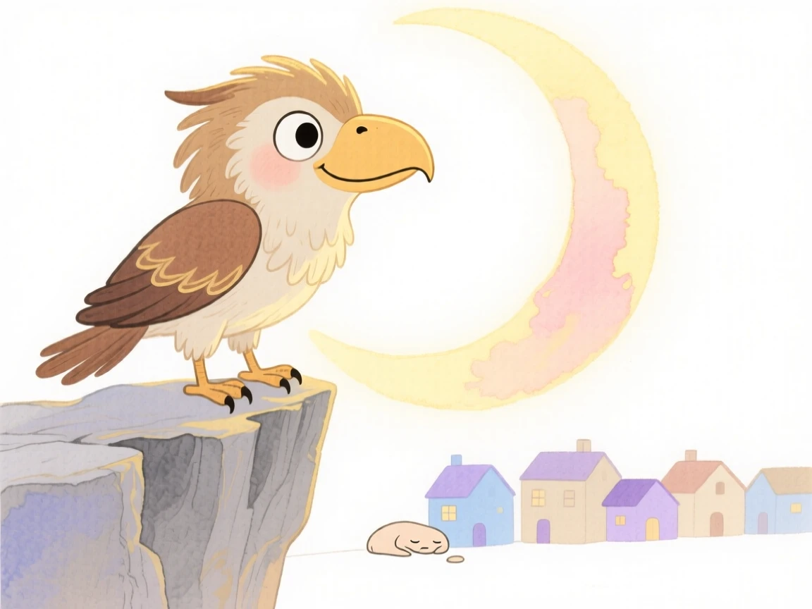 A griffin perched on a cliff perched on a crescent moon overlooking a sleeping village