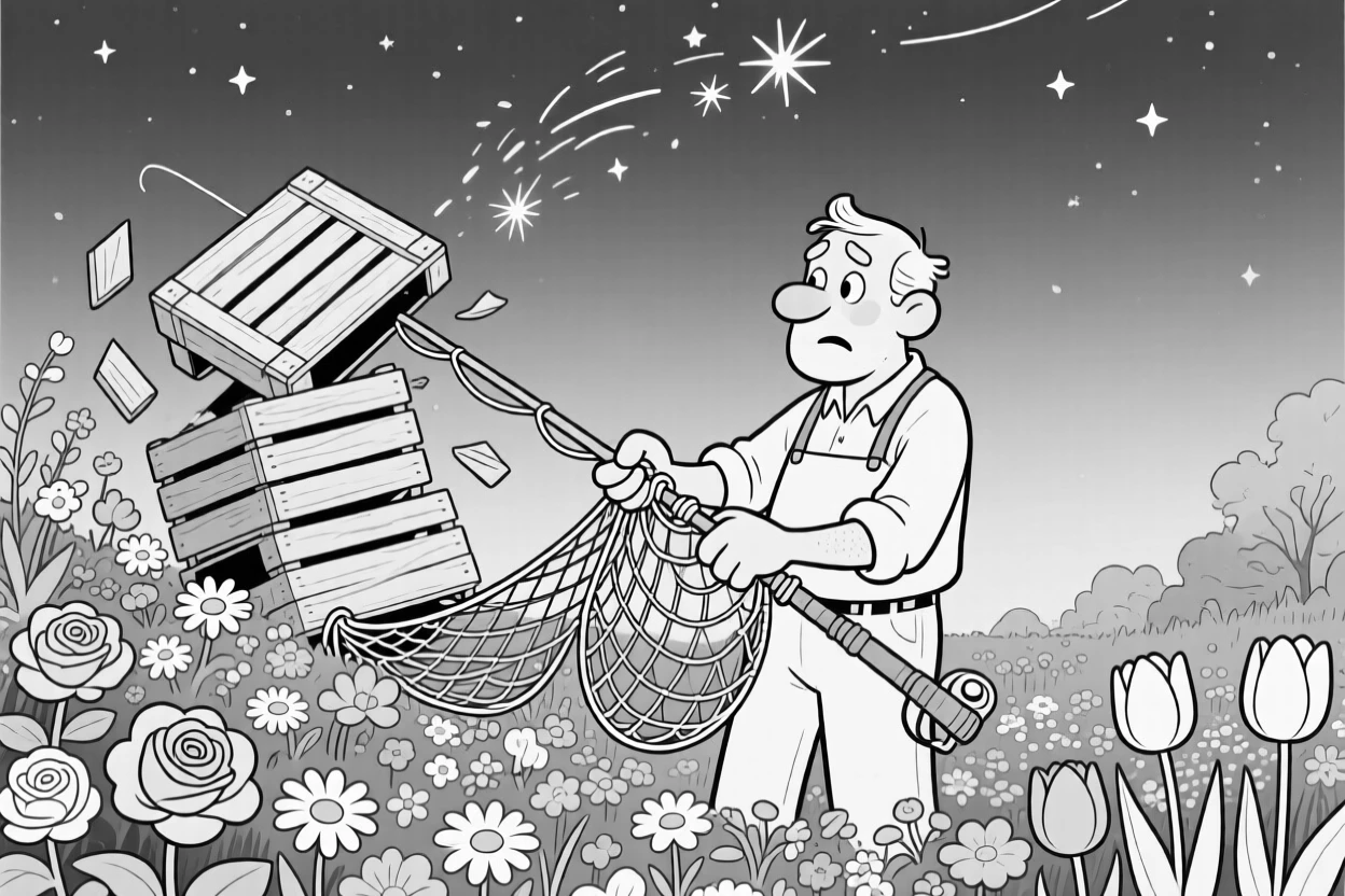 A fisherman untangling a hopelessly knotted net, watching helplessly as the stack tips over, set in a garden bursting with blooming flowers. Sparks drift upward into the night sky. It captures the quiet wonder of the changing seasons.