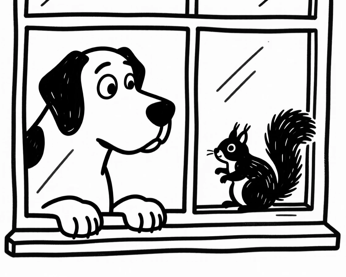 A great dane watching a squirrel through a window, paws pressed to the glass.