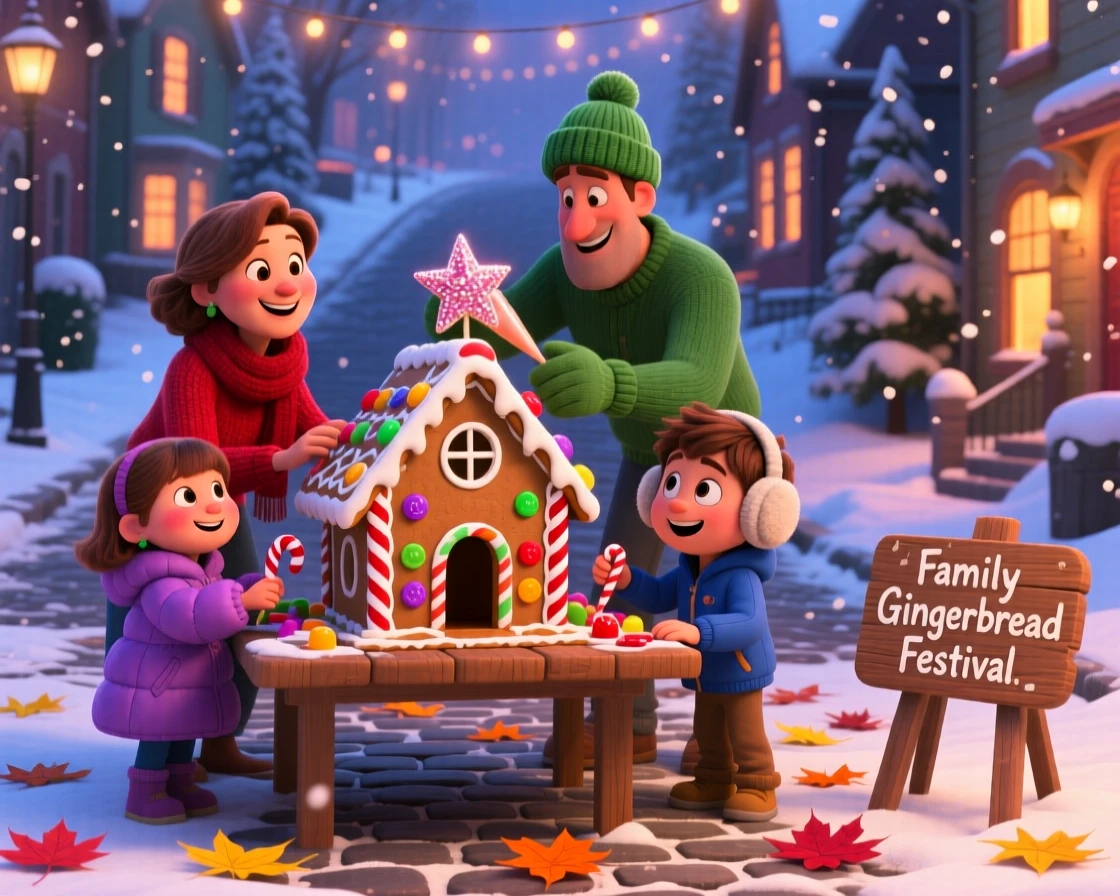 A family building a gingerbread house together happens on a snowy street lined with glowing windows, with colorful fallen leaves scattered underfoot. A bright, merry energy fills the entire scene.