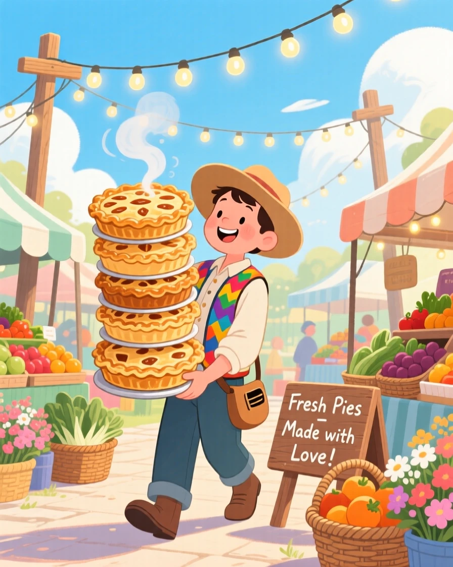 In a sunny farmers market, a street musician is busy carrying a stack of freshly baked pies, while string lights twinkle overhead.