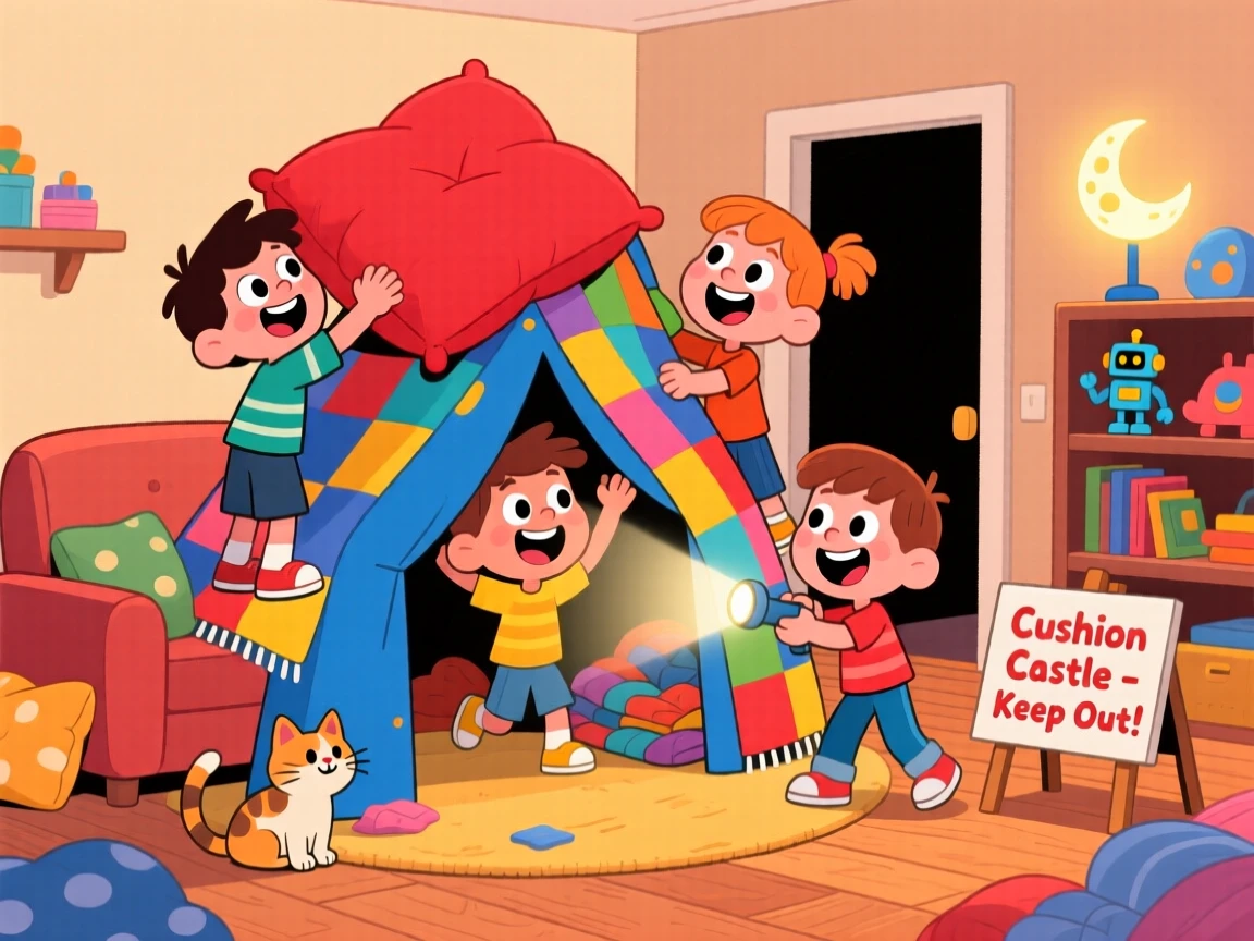 Children building a fort out of couch cushions and blankets.