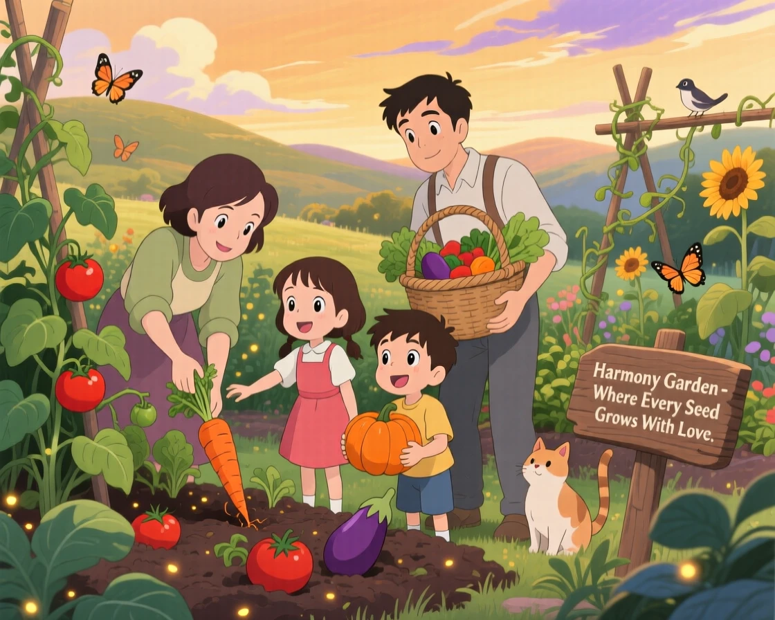 A family harvesting vegetables together in their garden, the scene quietly joyful.