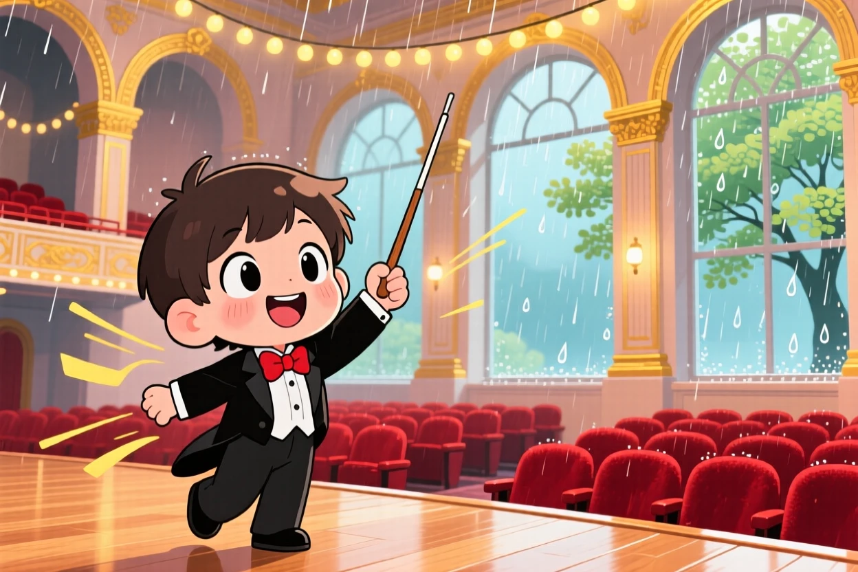 A child conductor waving a baton enthusiastically, framed as a dynamic diagonal composition within a grand concert hall, during a gentle spring rain shower, glowing under glowing string lights, evoking bubbly enthusiasm.
